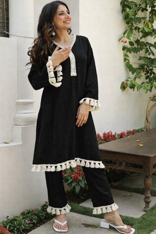 Black Tassel Lace Kurta Pant Set for Women