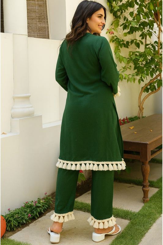 Elegant Green Women’s Kurti Set with Lace Tassel Border