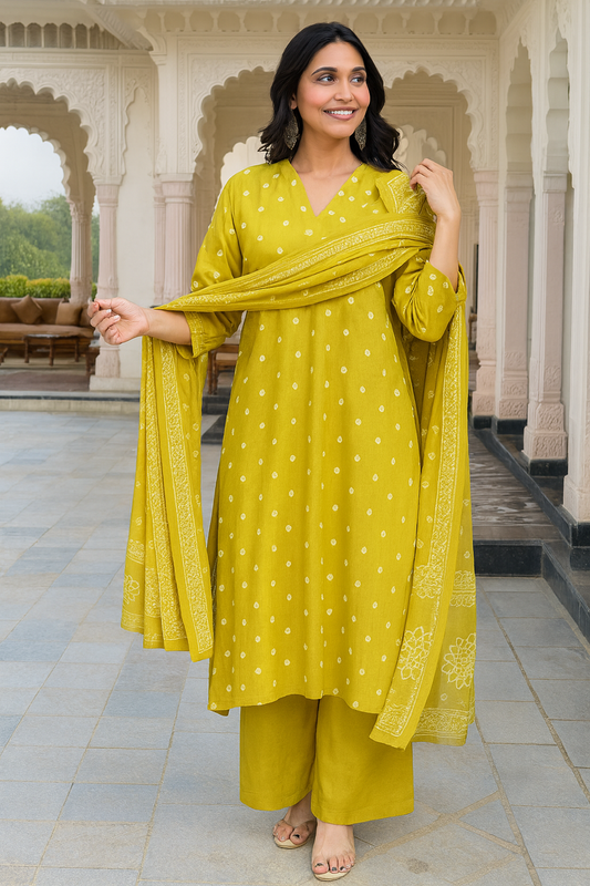 Elegant Yellow Women’s Kurti Set with Printed Dupatta