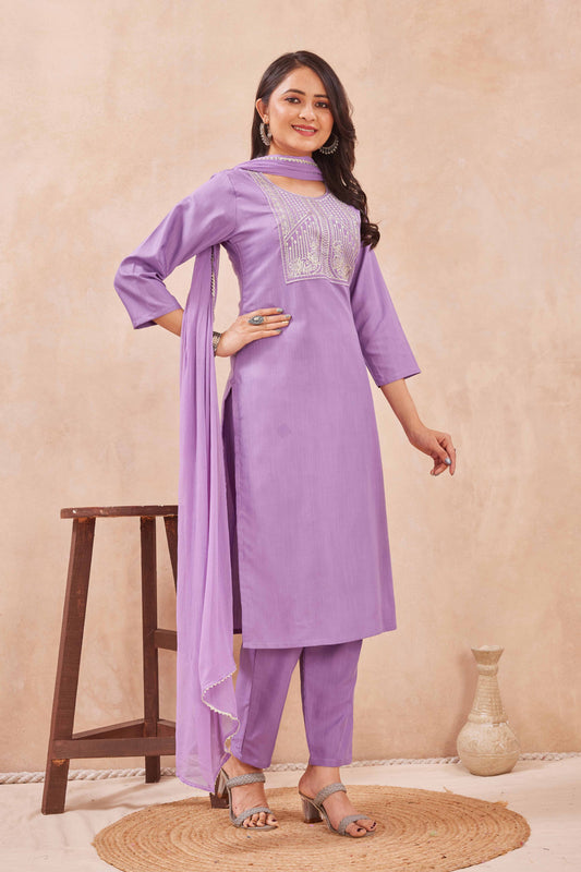 Lavender Embroidered Straight Kurta Set