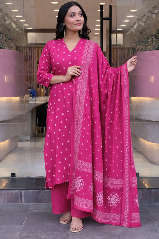 Elegant Pink Women’s Kurti Set with Printed Dupatta