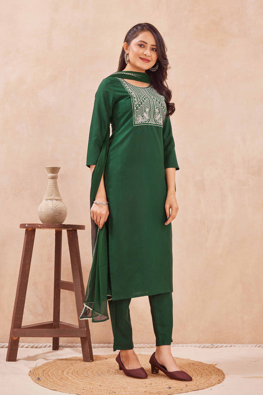 Dark Green Embroidered Straight Kurta Set